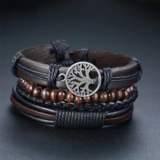 4pçs/Conjunto De Pulseiras De Couro Trançada Para Homens Vintage Life Tree Rudder Charme Madeira Contas Étnicas Tribal