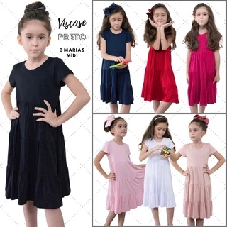 Vestido Infantil e Juvenil 3 Marias c/ Manga de Viscose Tamanhos: (02) (03) (04) (06) (08) (10) (12) Várias Cores: Vermelho, Pink, Preto, Azul Marinho, Branco, Rosa Claro, Nude Rosé
