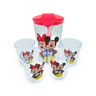Kit Jarra de 1,9L e 4 Copos de 420ml Decorados com Mickey e Minnie - Disponível em Vermelho, Transparente e Preto - Feito em Acrílico Resistente e Durável - Perfeito para Adicionar um Toque de Diversão à sua Cozinha