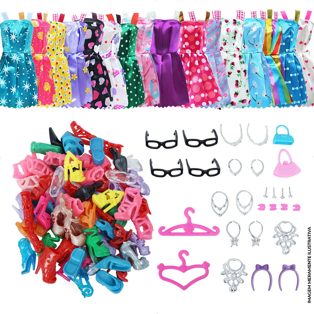 Kit 56 Peças Roupas e Acessórios Boneca Estilo Barbie com Roupinha Vestido  Sapato Oculos Varios Itens