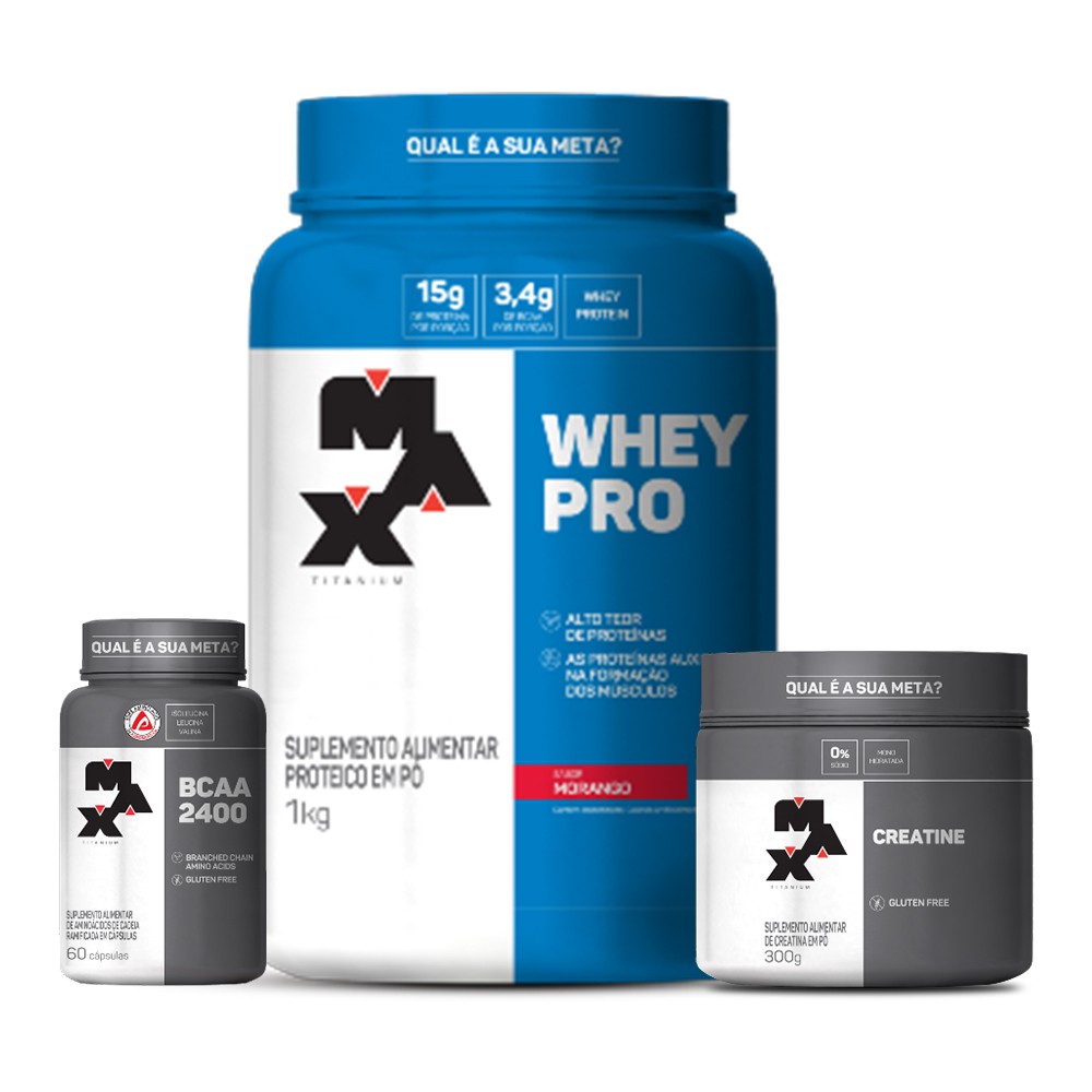 Kit Whey pro 1kg + Bcaa 2400 60 Cáps + Creatina 100g – Max Titanium Promoção