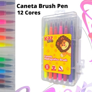 Kit Caneta Brush Pen 12 Cores Lettering Hidrográfica Lavável Kz218 Kaz