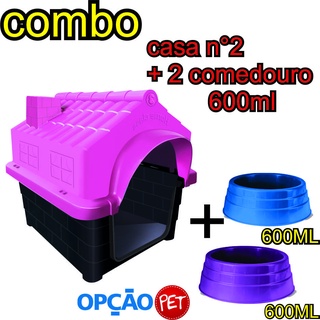 Combo Casa P/ Cachorro Home Class N°2 Rosa + 2 Comedouro 600ml Para Cachorro Opção Pet
