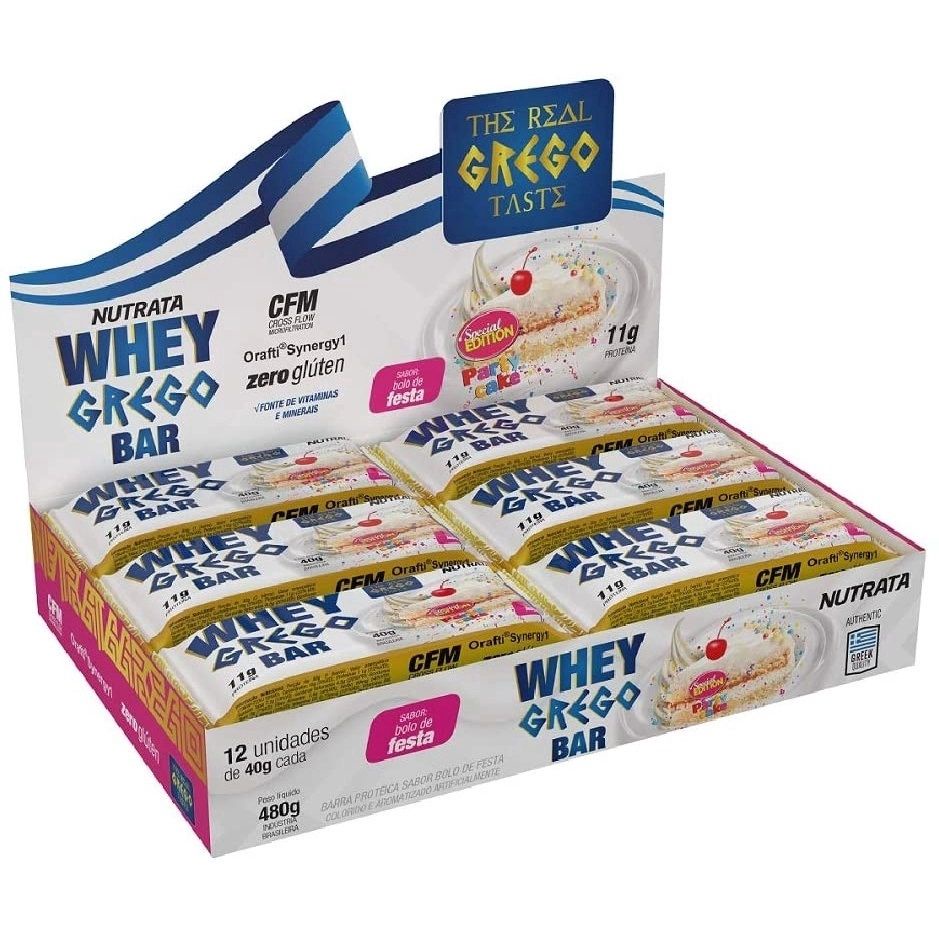 Whey Grego Bar Caixa com 12 Unidades (480g) – Nutrata – Bolo de Festa