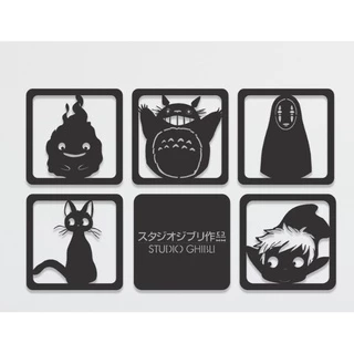 Kit 6 Quadros Decorativos Studio Ghibli MDF Preto Foscov 19 cm cada