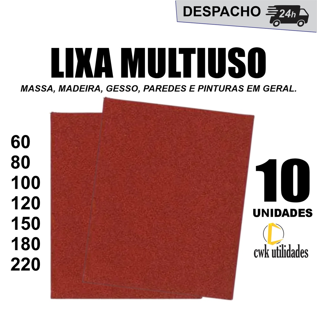 Kit 10 Lixa para Massa Parede Madeira Gesso MDF PVC Vermelha 60, 80, 100, 120, 150, 180, 220