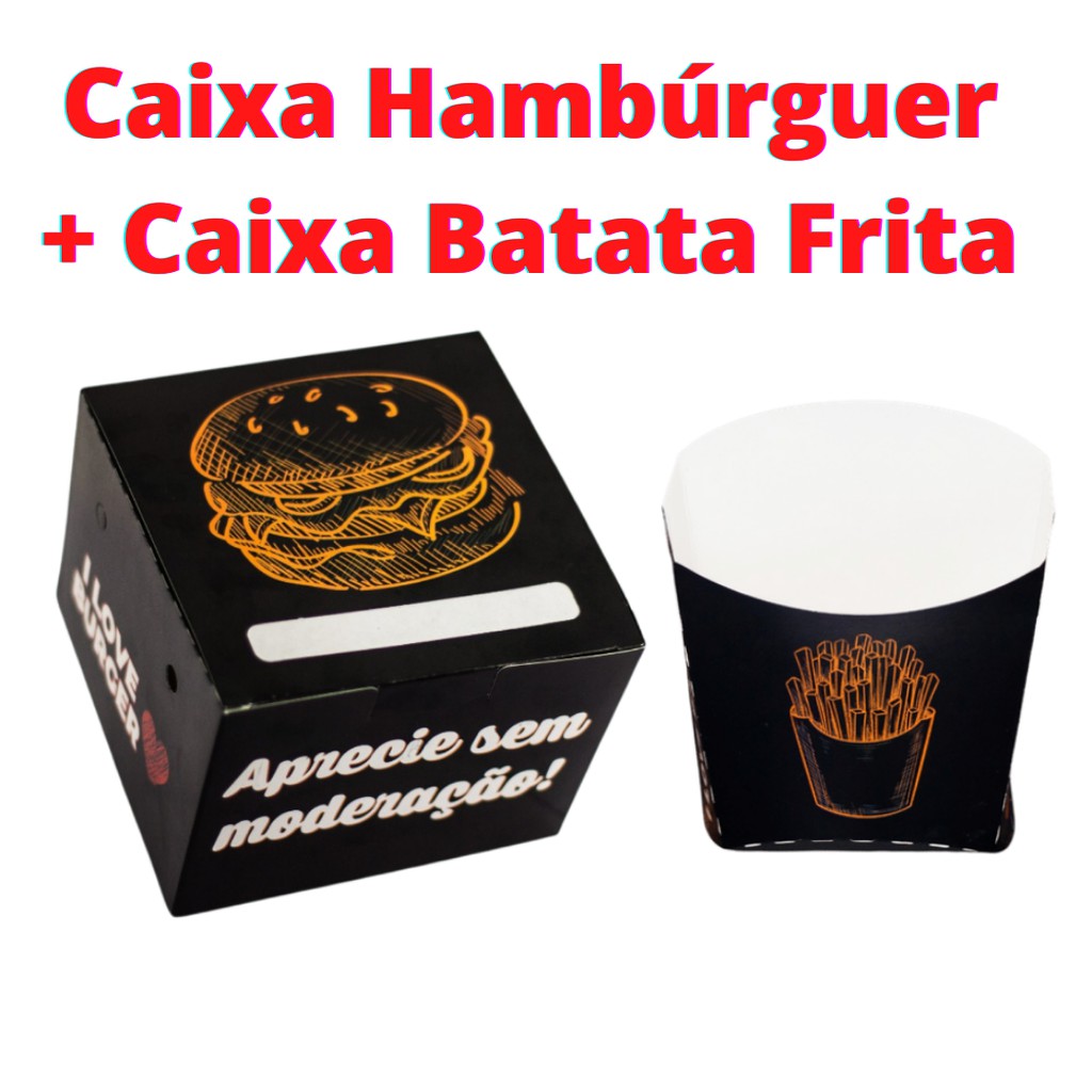 Caixa de Hambúrguer + Caixa Batata Frita Preto Estampa Exclusiva - 100 unidades de cada caixa