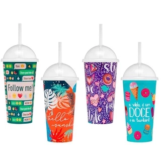 Copo Shake Decorado Com Canudo E Tampa 550ml - Jaguar Plasticos