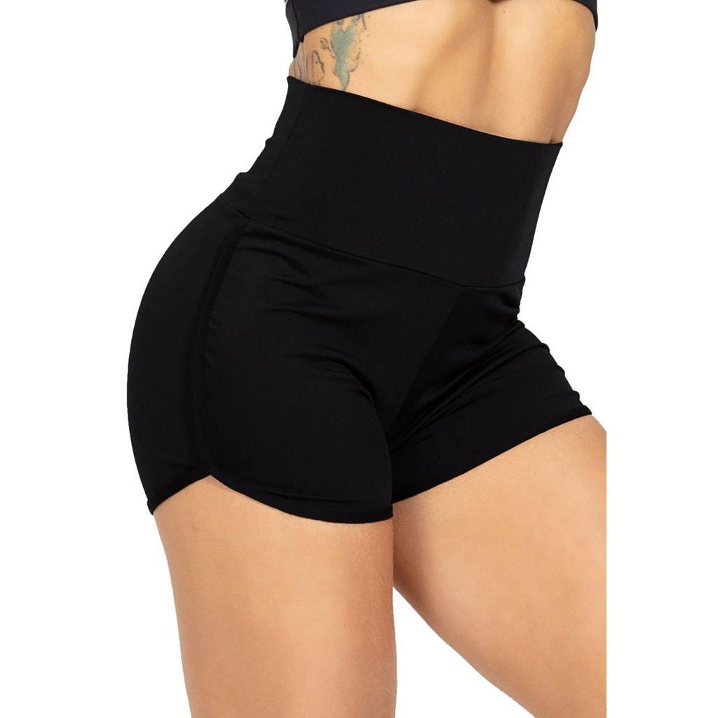 Short Feminino Preto Cós Alto Bermuda Academia Moda Fitness em