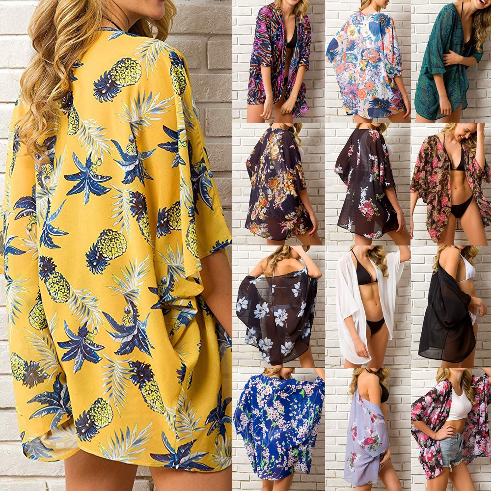 Saída De Praia plus size Kimono Estampado Chiffon