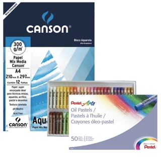 Kit Giz Pastel Oleoso PENTEL 50 Cores + Bloco Papel CANSON Aquarela Mix Media 300g/m