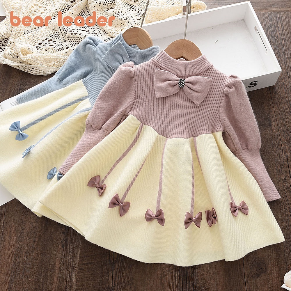 Líder Urso Feminino Vestido Outono E Inverno Novo Arco Tricotado Pulôver Saia 2-6 Anos Crianças De Idade De Princesa