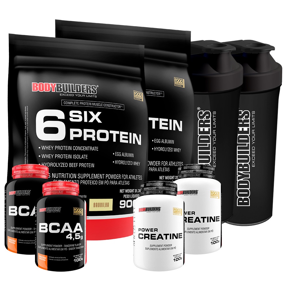 KIT 2x Whey Protein Concentrado 6 Six Protein 900g + 2x BCAA 4,5 100g + 2x Power Creatina 100g + 2x Coqueteleira – Suplementos Para Potencialização da Musculação – Bodybuilders