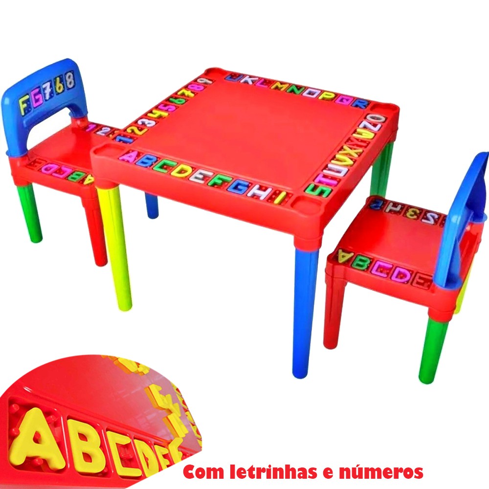 Mesa Infantil de Plástico Mesinha Educativa Didática 2 Cadeiras Com ...