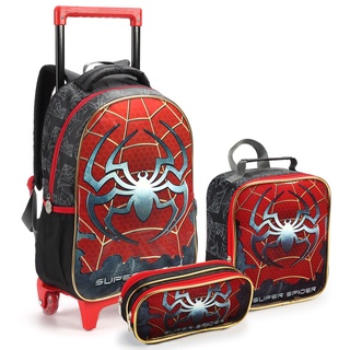 Mochila Rodinha Infantil Aranha para Menino com Lancheira e Estojo