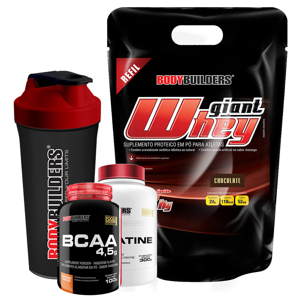 Kit Giant Whey 2kg Chocolate (Refil) + BCAA 800 120 Tabletes + 100% Creatine 300g + Coqueteleira – Bodybuilders