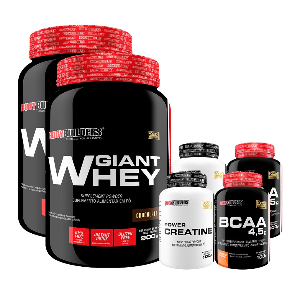 Kit 2x Whey Protein Giant Whey 900g + 2x Power Creatina 100g + 2x BCAA 4,5 100g – Suplementos em Pó para Turbinar o Treino de Musculação na Academia – Bodybuilders