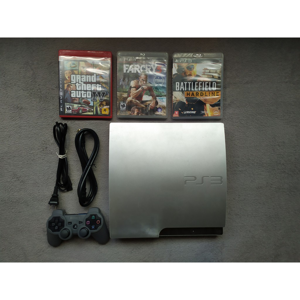 Playstation 3 Slim Prata 160gb, 3 Jogos, Controle Original, Cech-2511A