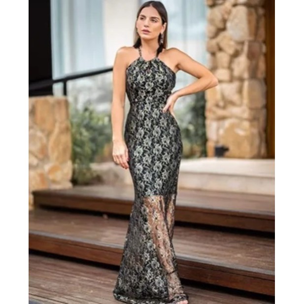 Vestido de renda preto best sale e branco