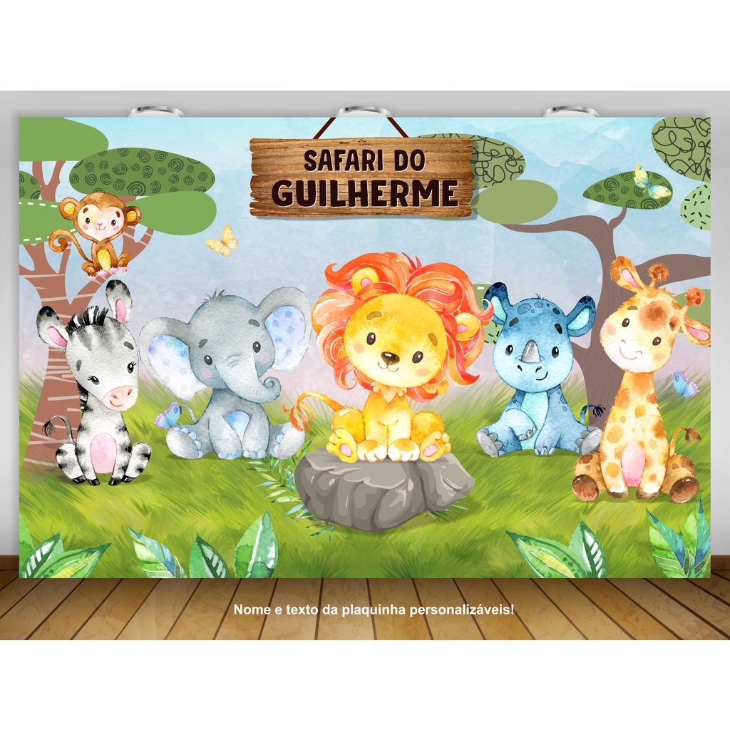 Painel Safari Cute Bichos Leão Elefantinho Baby Redondo Estampado em Tecido  Malha