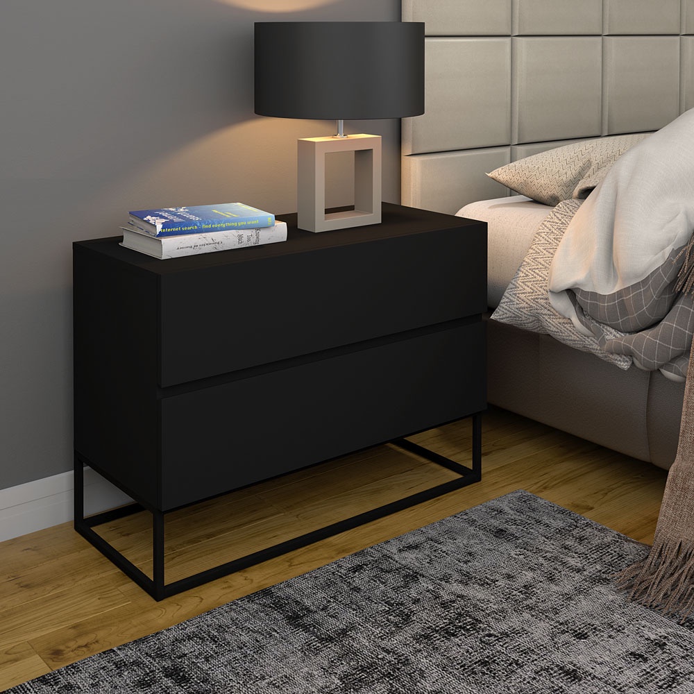 Mesa Cabeceira 2 Gavetas cor Preto para Cama Casal com Pés de Ferro Estilo Industrial Preto