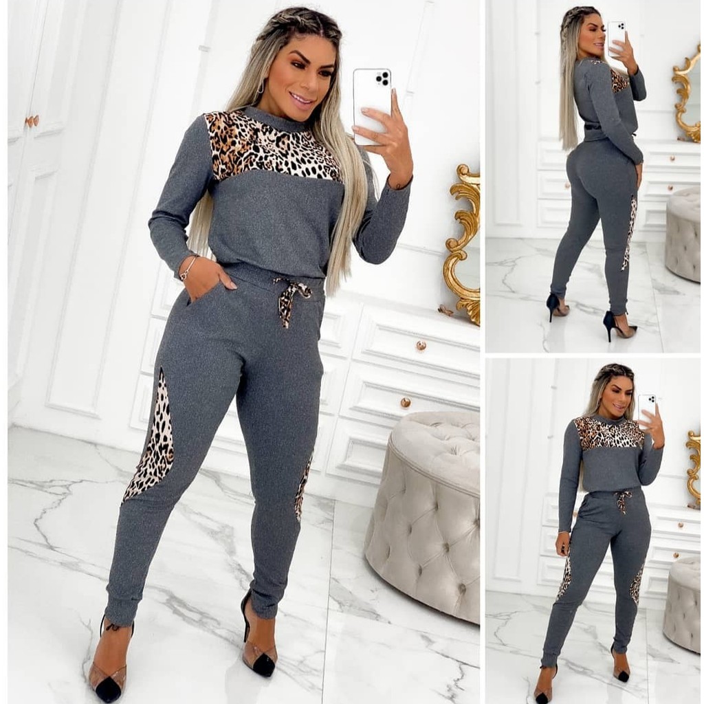 Conjunto Moletom Calça Blusa Manga Longa Feminino Animal Print Canelado Inverno  PLUS SIZE