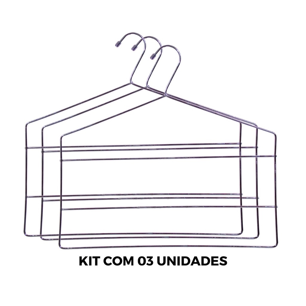 Cabide Triplo Para Calças Calceiro em Aço Cromado para Calça Reforçado Kit Com 3