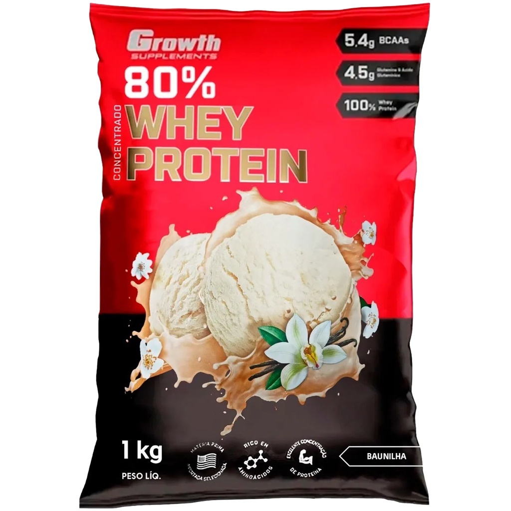 Whey Protein Baunilha 80% Proteína Concentrado 1Kg Growth Suplementos Original