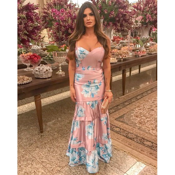 Vestido longo de cetim estampado hot sale para casamento