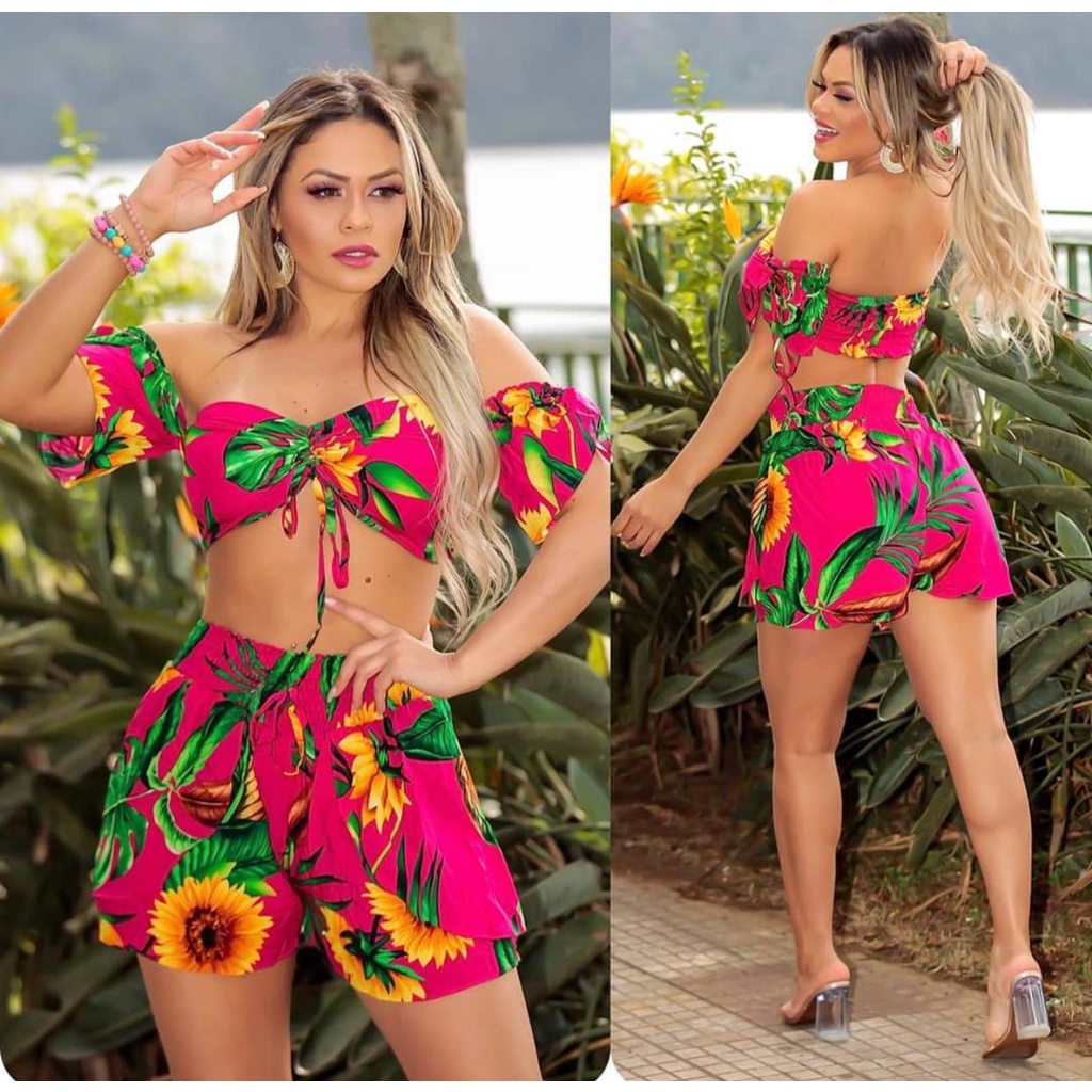 Conjunto Feminino Cropped Ciganinha e Shorts Floral Soltinho