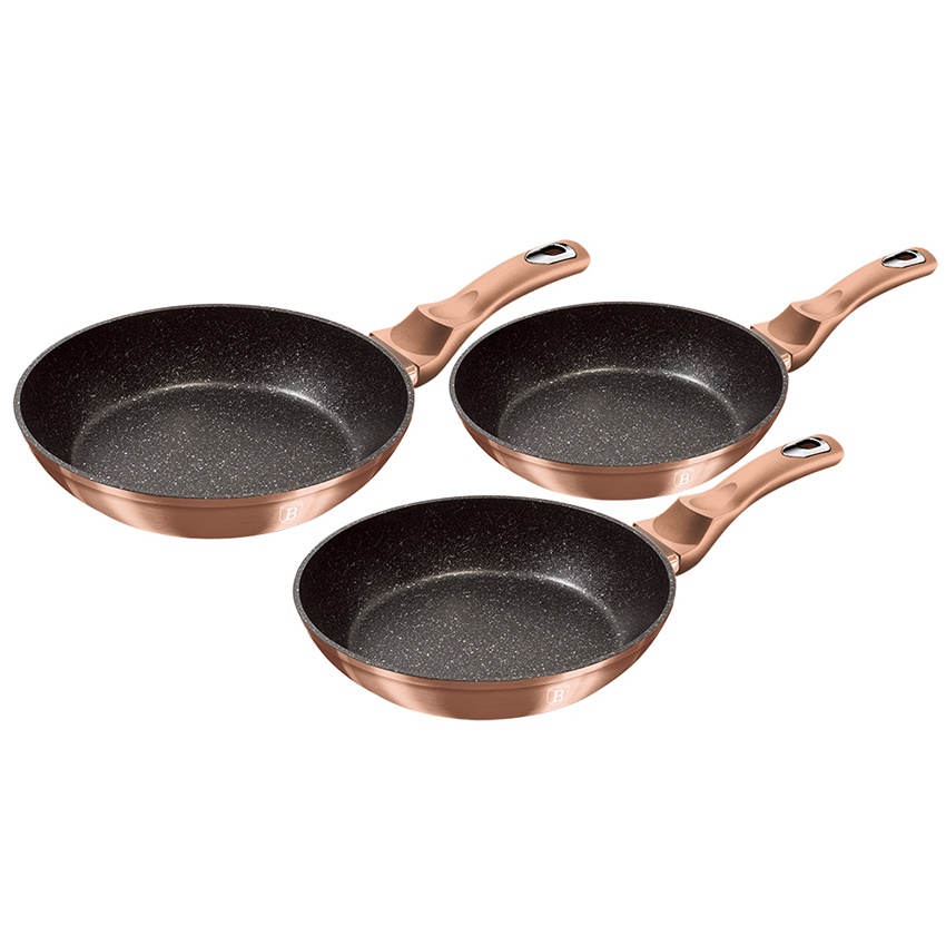 Jogo 3 Frigideiras Antiaderente Camadas Mármore Rose Gold Berlinger Haus Utensílios Cozinha Fritar Grelhar Grelhador Fogão Indução