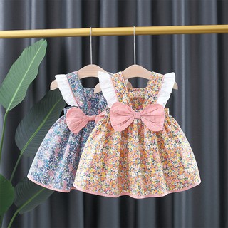 2024 Verão Nova Menina De Mangas Voadoras De Colarinho Quadrado floral Fofo Costas Vestido Oco Para Crianças De 9 Meses A 3 Anos De Idade