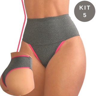 Kit 5 Calcinhas Femininas Pós Parto Cintura alta Cós duplo Compressão Barriga Viére