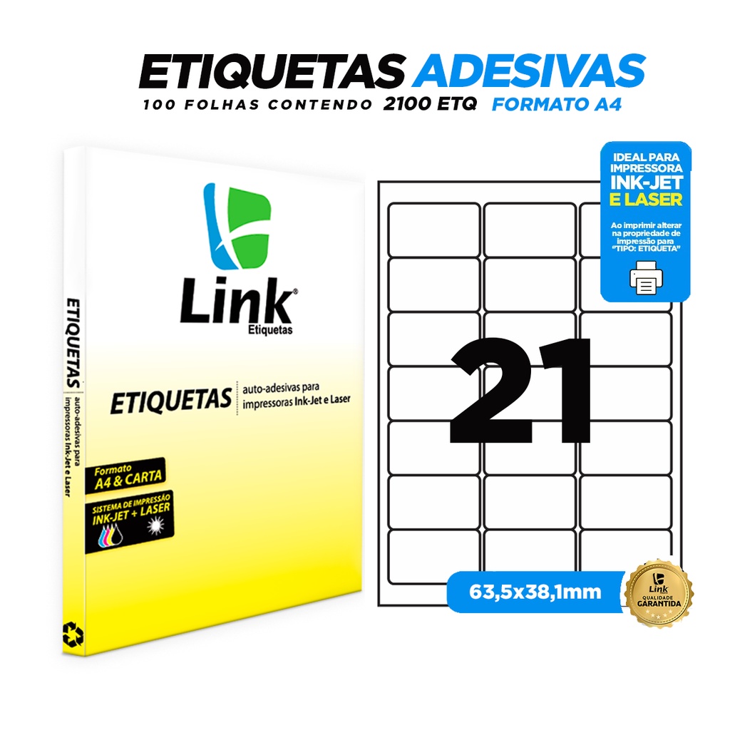 Etiqueta Adesiva A4 63,5mm x 38,1mm 100 Folhas - Link Etiquetas ...