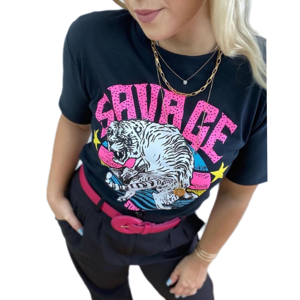 Blusinha T-shirt Camiseta Estampa Savage Leopardo Look Estilosa Blogueira  Luxo Moda Tendência Viscolycra Premium novidade