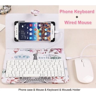 Conjunto De Mouse Teclado Micro Usb Com Fio Tipo C Portátil Com Cove De Couro Para Celular Realme Xiaomi