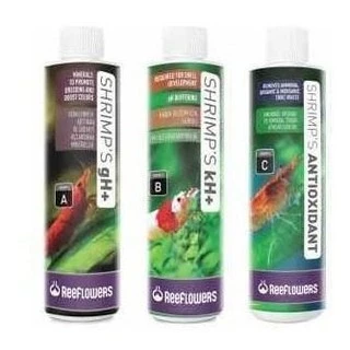 Reeflowers Shrimp kit Gh+ (a) , Kh+ (b) , Antioxidant (c) 85ml para camarões caridinas e neocaridinas