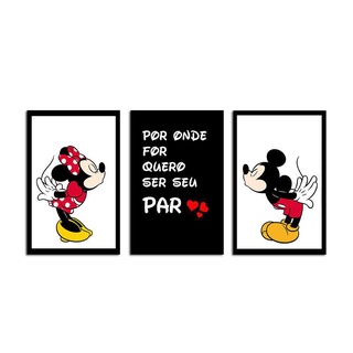 Conjunto Quadros Decorativos 3 Peças 20x30cm Quadro Mickey e Minnie Casal Mais Fofo da Disney Decoração Mdf MWC
