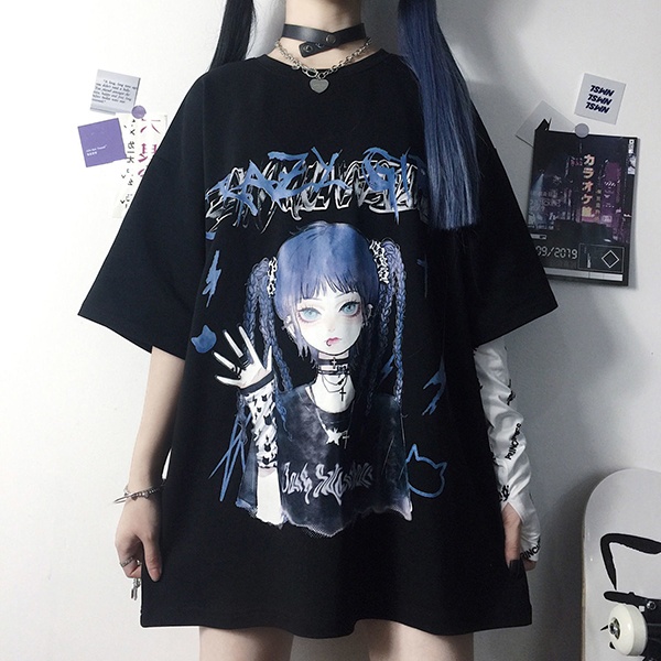 Camiseta feminina casual japonesa, camiseta harajuku dark anime estampada  folgada