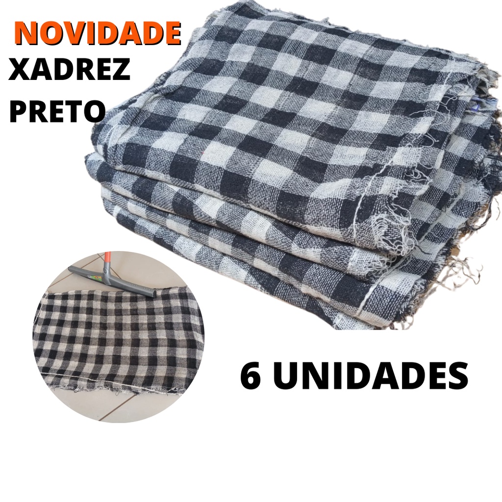 NOVIDADE 6 UN. PANO DE CHAO GRANDE XADREZ PRETO 100% ALGODÃO 40X75