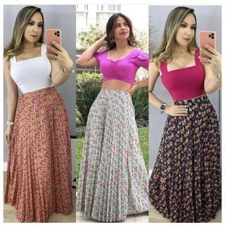 saia plissada longa Evangélica Elegante Cintura Alta cod 053