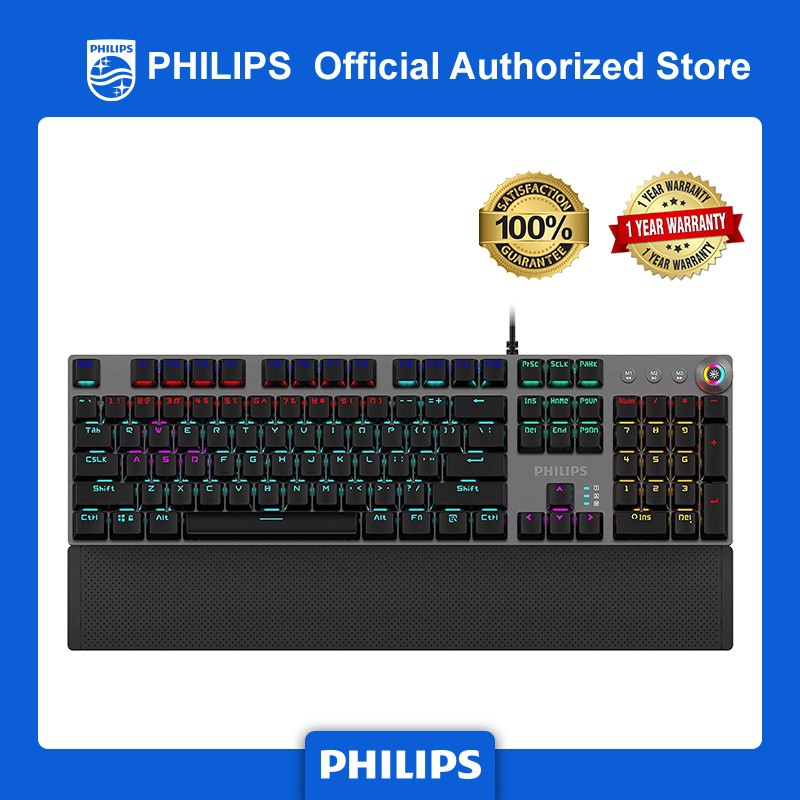 Teclado Mecânico Philips G614 (SPK8614) c/ Fio USB/Retroilumuinação Colorida/Tecla Multimídia/Suporte Magnético p/ Jogos