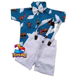 Roupa temático TRES PALAVRINHAS Festa menino conjunto Camisa 3 PALAVRINHA Gravata Bermuda e Suspensório