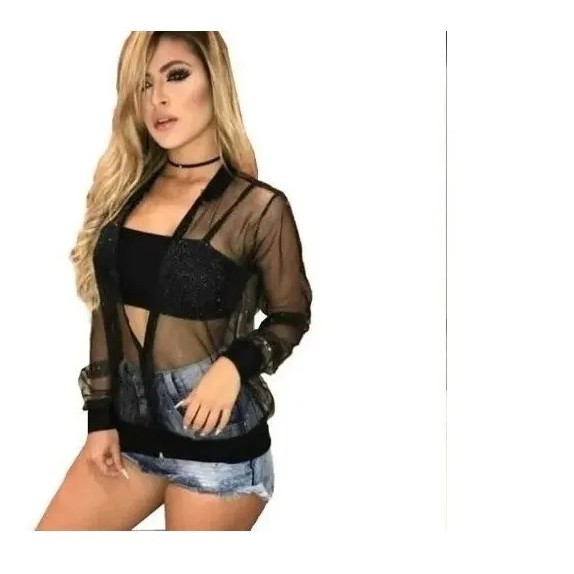 Jaqueta Bomber Casaco Blazer Tule Transparente Zíper Brilho