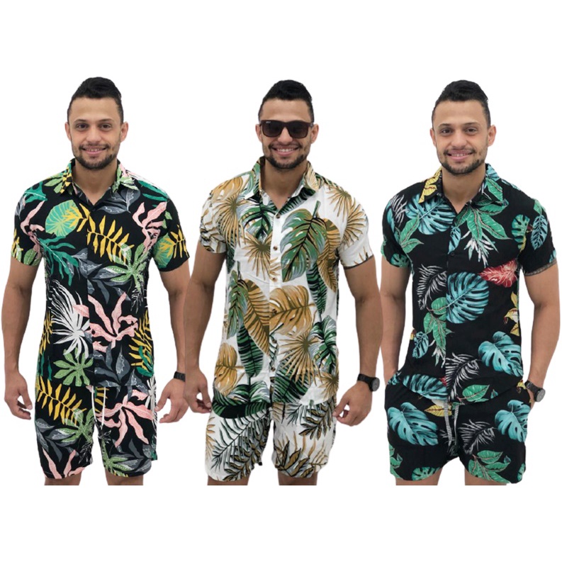 kit 3 conjunto masculino floral camisa florida + shorts mauricinho moda praia