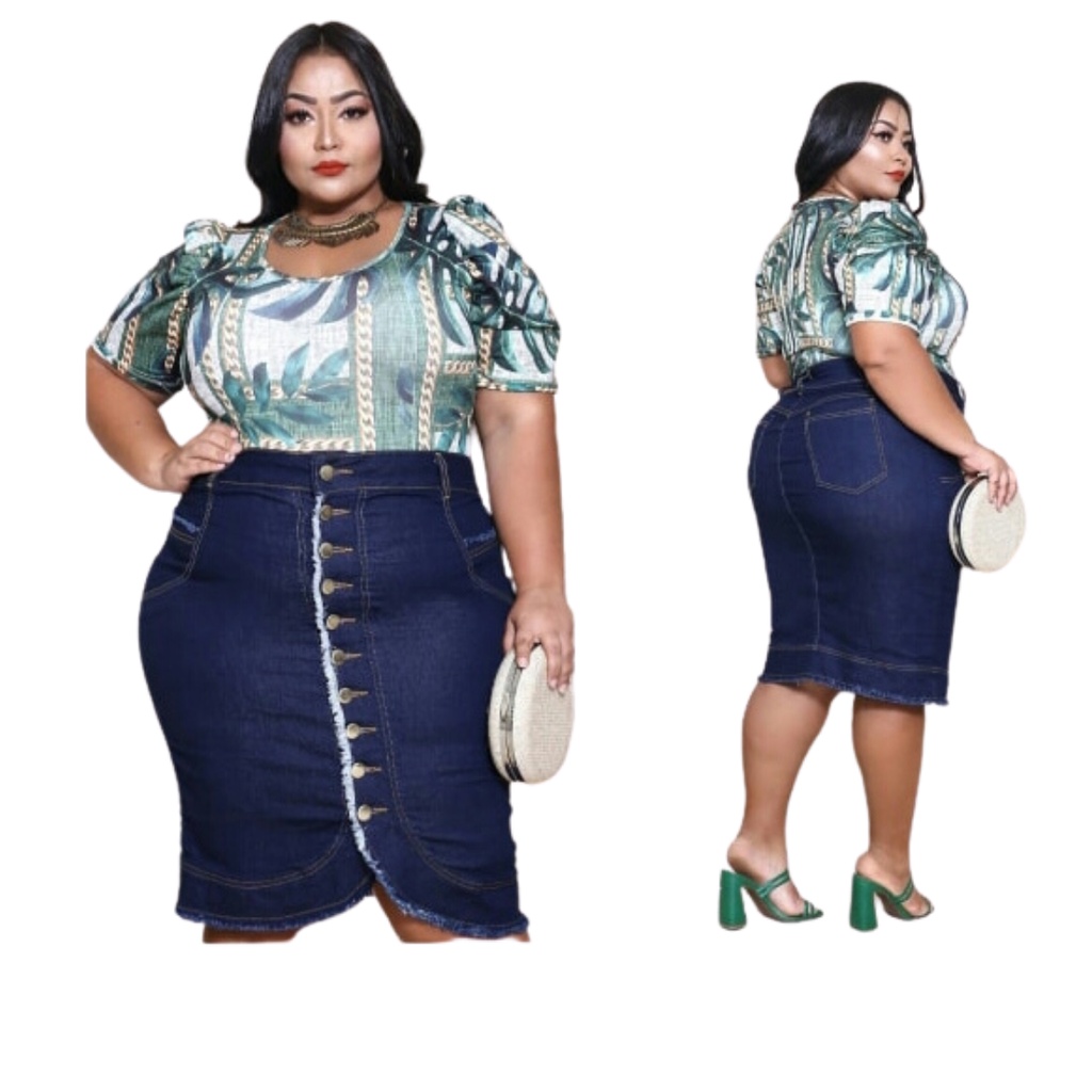 Saia jeans com botoes best sale plus size