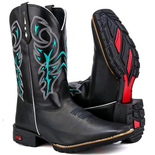 Bota Botinha Country Texana Infantil Menino Peao Preta com Bordado Texana Cowboy