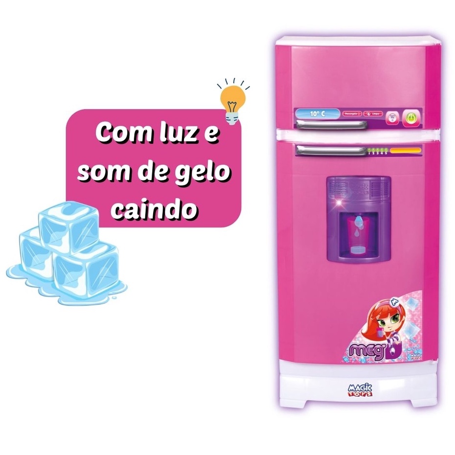 Brinquedo infantil, geladeira, acessórios com dispensador de gelo