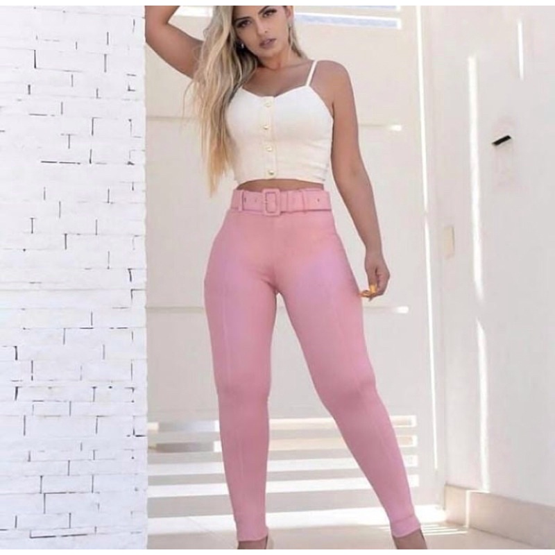 Calça legging Cirré Com Cinto Rosa