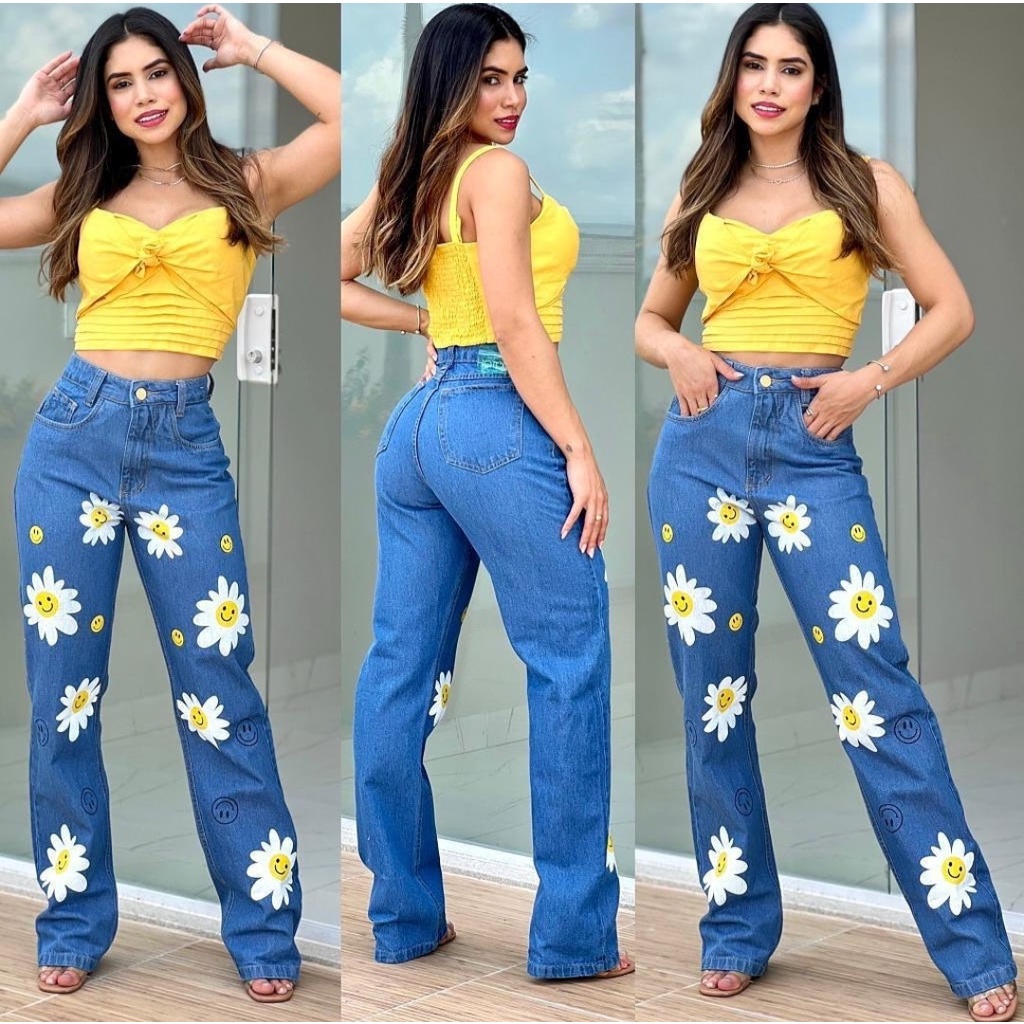 Moda Jeans elegantes para mulheres Flor impressão cintura alta